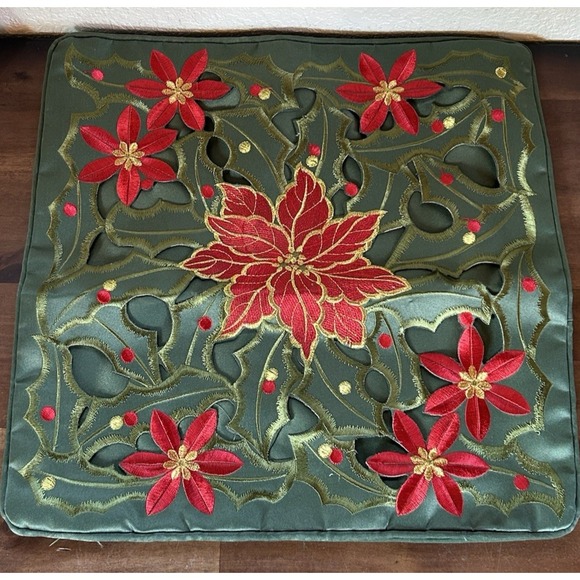 Other - Poinsettia Cutout Embroidery Pillow Cover 16" x 16" Green Red Gold Holiday